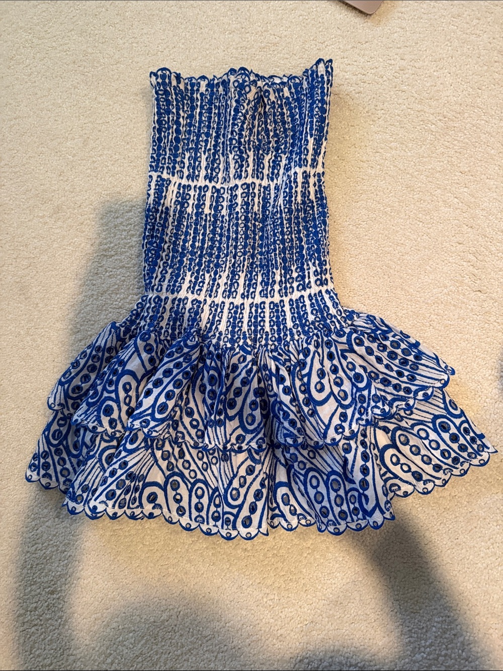 Strapless Blue and White Smocked Ruffle Dress